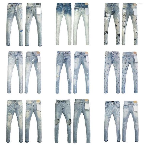 

Men's Jeans Men Fashion Trends Retro Wash Light Blue Paint Graffiti Hole Repair Stretch Skinny Pleated Ripped Brand Pants, A60787
