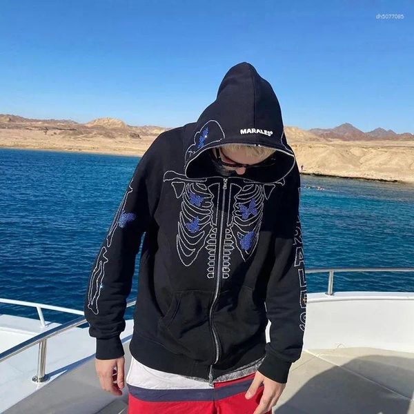 

Men's Hoodies American Retro Zippered Hooded Sweatshirt For Couples Model Skull Lazy Style Printed Hood Men And Women, Black