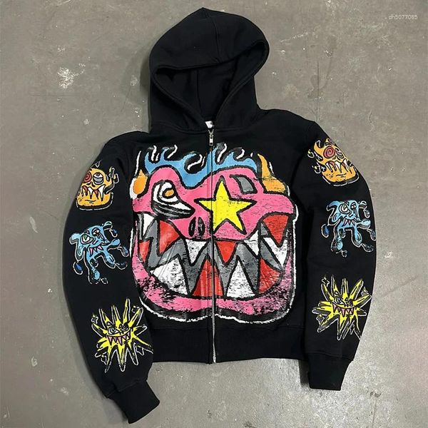 

Men's Hoodies 2025 American Style Hoodie Graph Print Pullover Zipper Sweatshirt Harajuku Retro High Street Oversized Mens Clothing, Brown