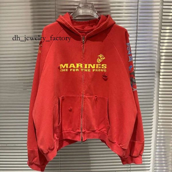 

Men's Hoodies Fake Two Pieces Embroidery Red G/R Hole Damaged Zipper Hoodie Men Women Vintage Washed Distressed Loose Pullovers f4a