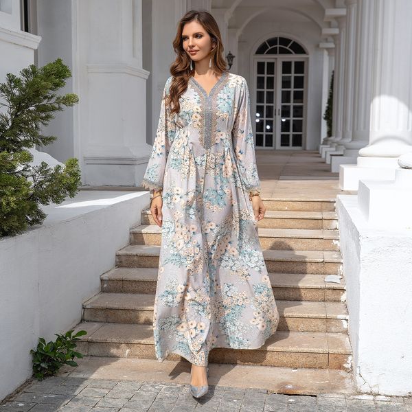 M062 Women's long robe loose evening dress printed robe dress