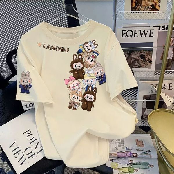 

White short-sleeved T-shirt lalalabubu clothes female 2025 new lalabubu summer loose plus size cotton blouse, W1 family