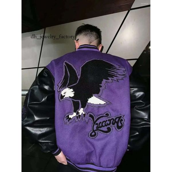 

Men's Jackets Embroidery Varsity Jacket Men Streetwear Purple Baseball Bomber PU Faux Leather Sleeves Spring Autumn Coats Man e64