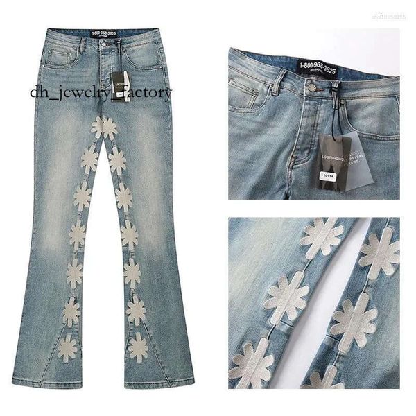 

Men's Jeans Lostshdws Denim Pants Hip Hop Patchwork Embroidered Flower High Street Washed Blue Micro Flared Stretch LOST SHDWS 9b0, A7