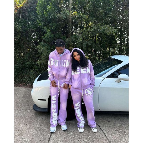 

Men's Hoodies Aesthetic Grunge Five-Pointed Star Letter Patchwork Printing Retro Cardigan Coat Casual Loose Straight Pants Men Women tracksuits brands, Purple pant