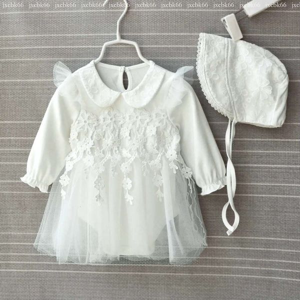 

New style Newborn Girl Clothes Fall Cotton Lace Princess Style Baby Jumpsuit 0-3 Months Infant Dress With Hat, White