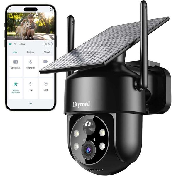 

LITYMOL Solar Security Wireless Outdoor, 2K 360° View Cameras for Home Security, Color Night Vision, AI & PIR Motion Detection, 2-Way Audio, Spotlight Siren