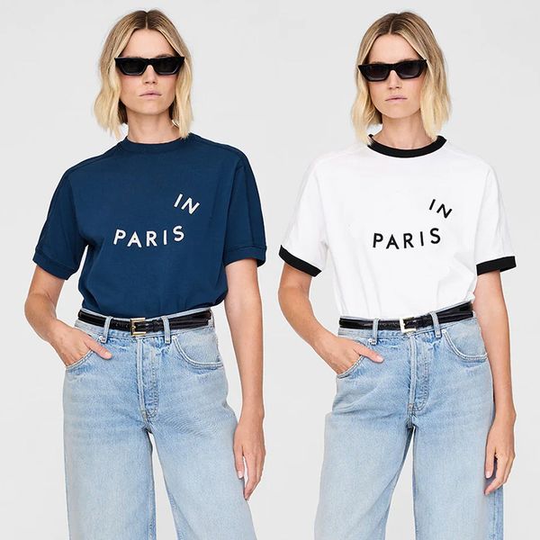 

Women AB Designer Tees Front Letter Felt Patch Embroidery Patchwork Cotton Soft Short Sleeve T-Shirt, Darkcyan