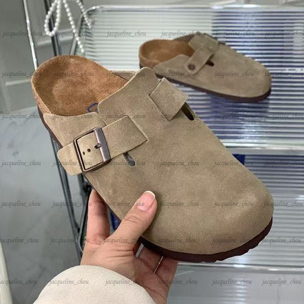 

Clog Slipper Designer Flat Cork Sandals Women Men Slides Beach Sliders Mules Double Buckle Nubuck Leather Clogs Casual Shoes Size 35-46, Red