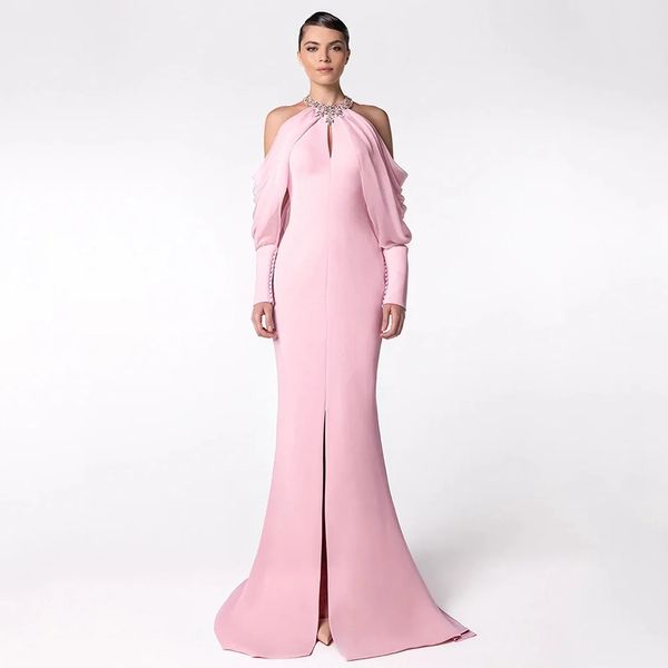 2026 Sexy Mermaid Prom Pageant Dress Halter Long Sleeves Crystal Buttons Pink Slit Satin Chiffon Evening Party Dresses Formal Gown robe de soiree