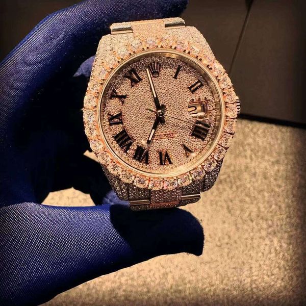 

Men's Rectangle Bracelet Watch with ETA Movement Iced Moissanite Brilliant Dia Dial Stainless Steel Case Box Packing, As shown as picture