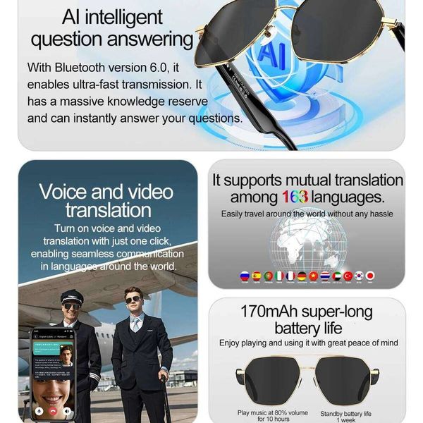 AI Voice Video Call Real-Time Translation Intelligent Question Answering Smart Glasses UV Protection Sport BT Sunglasses