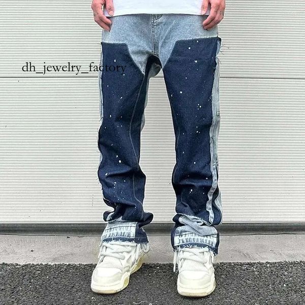 

Men's Jeans European Ink Sprayed Flared For Men Contrast Color Looen Fit Streetwear Denim Clothes Open Hem Male's Baggy Pants b63, Gray
