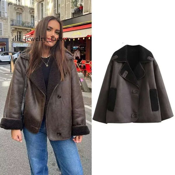 

TRAF Woman Thick Faux Leather Jackets for Women Autumn Winter Warm Wool Blends Coats Demi-season Plush Jacket Outerwear 240815 8fa, Brown