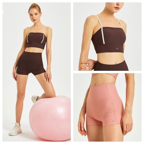 A135 Yoga Sports Bras Top+Shorts Suit Up Ribbed Running Jogger Underwear Vest Women Shock-proof Fitness Thin straps Yoga Halter Top