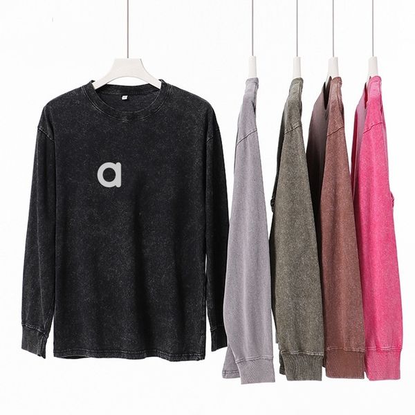 A661 Unisex Wash Cotton To Make Old Round Neck Long Sleeve Shirts Retro Pullover with Trendy Brand