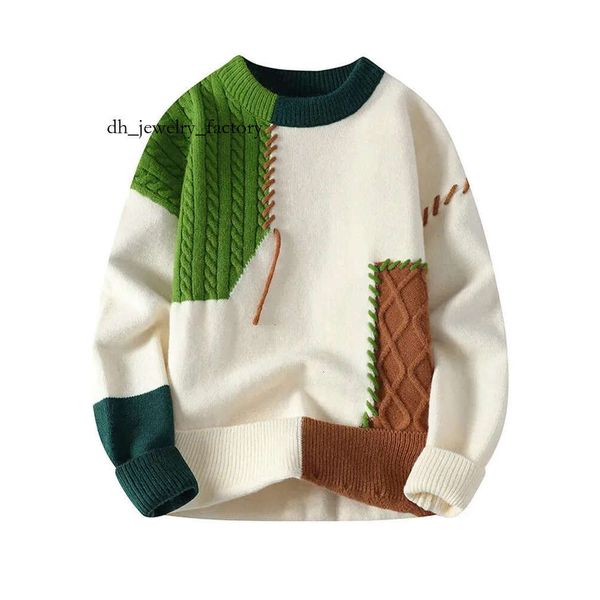 

Man Panelled Contrast O-neck Sweater Autumn Winter Vintage Loose Long Sleeves Knitted Pullover Fashion Casual Male Jumper 240111 1ec, White