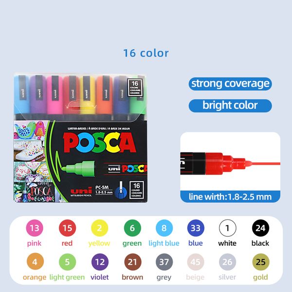 

UNI POSCA Marker Series 5m 16 Color Art Set Drawing Markers for Anime Hand Drawing Art Supplies Creative Art Kit