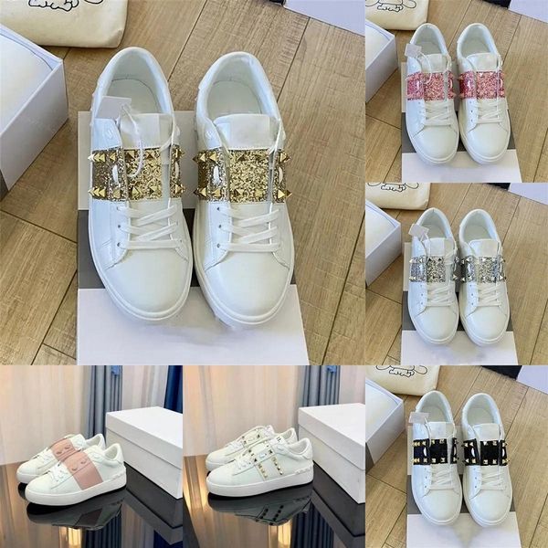 

Rivet Designer Casual Shoes Versatile Thick Platform Sole Sneakers For Mens Womens Leather White Golden Open Trainers chaussure luxury shoe, Red