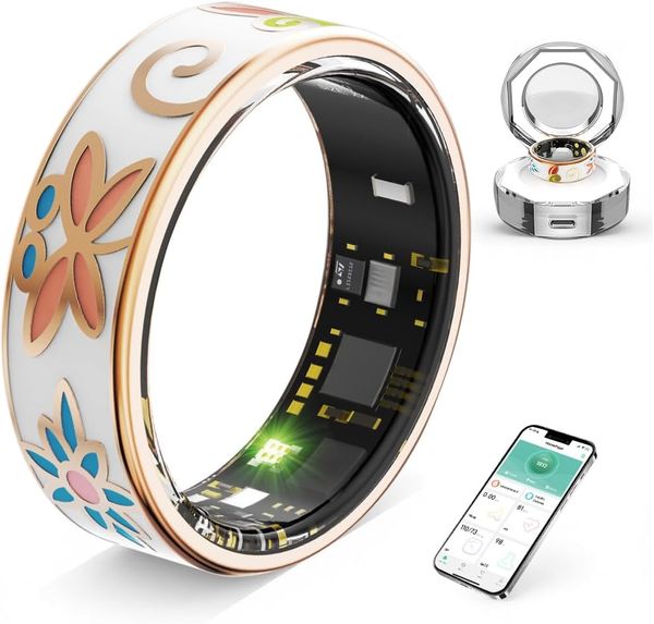 R18 Smart Ring health tracker for Women and Men, Fitness Tracker, 8 Sport Modes, Step Counter, IP68 Waterproof, Crystal Magnetic Charging Case