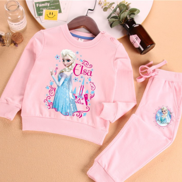 

Frozen Elsa princess kids designer clothes girls' set Girls' Spring Autumn Cotton Suit sports printed sweatshirt and trousers Two-piece Set., Pink
