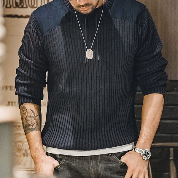 

Maden Vertical Stripe Sweater O-Neck Slim Fit Men's Retro Knitted Pullover Patch Stitching Design Classic Sweaters Men Clothing, Blue