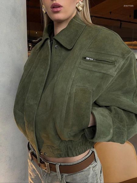

Women' Jackets Green Suede Lapel Oversized Jacket For Women 2025 Casual Full Slleves Zipper Outerwears Lady Chic High Street Commute Short, Short skirt
