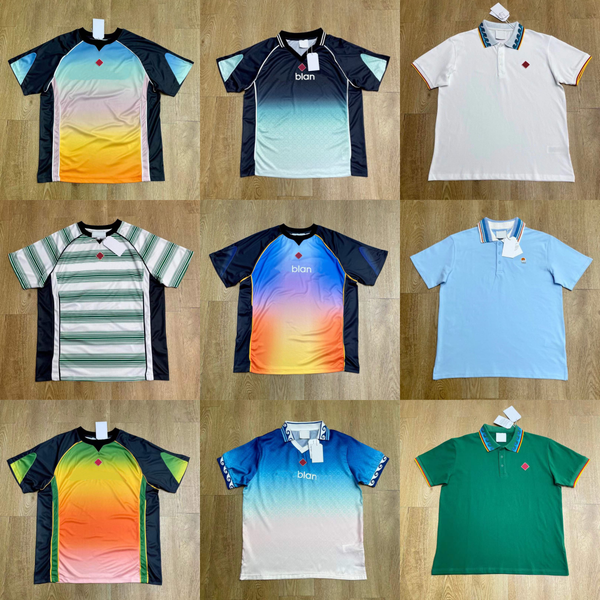 

25ss Casabalnc High Quality Summer Trend New Men Designer Cotton Pullover T-shirt Gradient Colorblocked Lapel V Neck Polos Shirt Short Sleeve Printed Letter Tops tn, Aqua