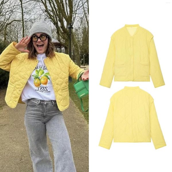 

Women's Jackets Autumn And Winter Round Neck Single Breasted Coat Jacket For Commuting Leisure Loose Stitching Short Cotton Top, Yellow