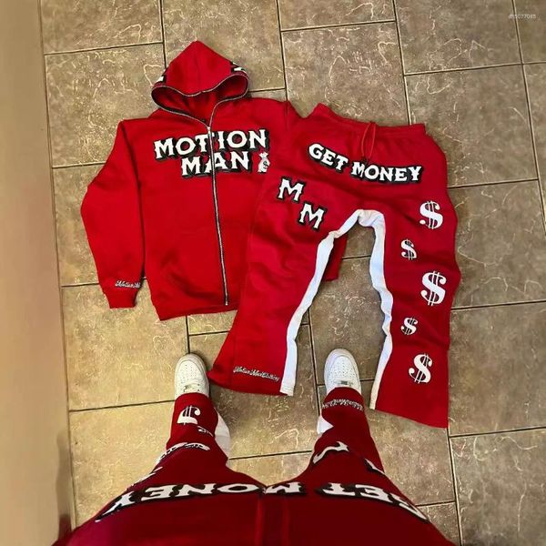 

Men's Hoodies Autumn/Winter Street Hip Hop Set Loose Printed Zipper Sweatshirt, Red