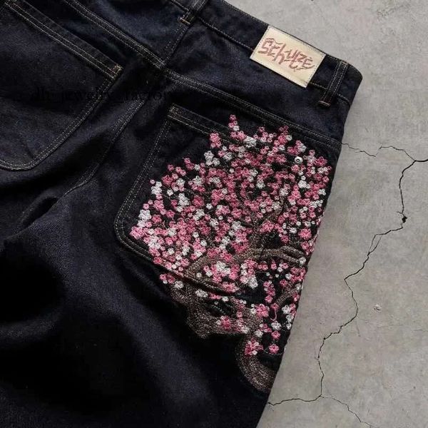 

Y2K Baggy jeans Cherry Blossom Selvedge Embroidery Denim Pants men women denim fabric American Hiphop Strtwear Wide Leg JeansC250606 fe2, Dark blue