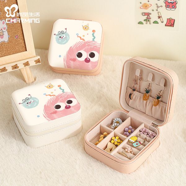 

Popular fashion cartoon pattern jewelry storage box, earrings, rings and necklaces digital printing jewelry box, creative cute small portable travel jewelry box, Pink