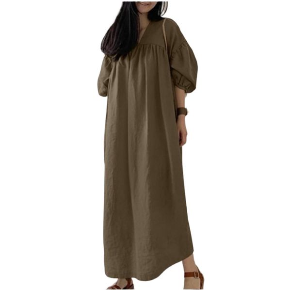 (608) Customized Solid Color Loose V-neck Puff Sleeve Casual and Elegant Dress