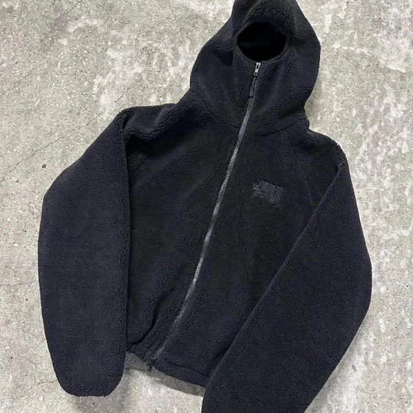 

Men's Jackets Lamb Fleece Dark Couple Style Fashionable Patch Printed Loose Pocket Sweatshirt Cardigan Hooded, Black