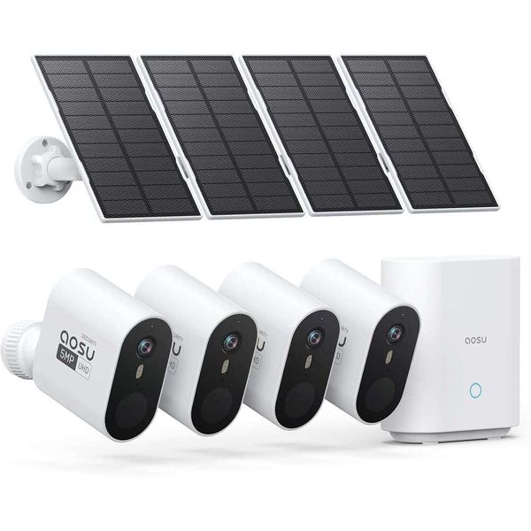 

AOSU 3K/5MP Solar Cameras Outdoor Wireless, HD Video Home Security System 4-Cam Kit with 166° Ultra Wide Angle, Cam-to-Cam Sync, Color Night Vision, Spotlight &