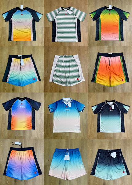 

25ss Casabalnc High Quality Designer Cotton Gradient Soccer Jersey Short Sleeve Loose Pullover Polo T Shirt Top New Trend Summer Men's Drawstring Casual Shorts Set tn, Rosybrown
