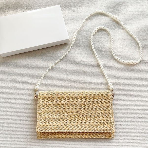 

Designer Women Lady DIY Straw Shoulder Bag with Pearl Chain Classic Cosmetic Beauty Pouch Makeup Organizer Phone Storage Case VIP Gift Box, Sky blue