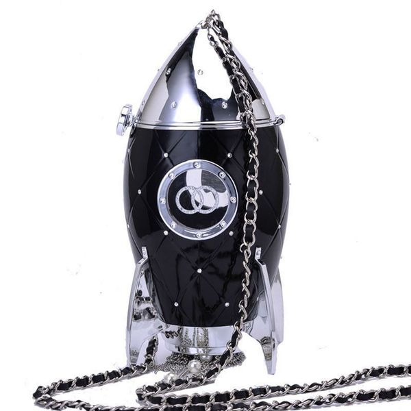 

Women Classic Party Fringed double-C Acrylic Rocket Shape Bag Pouch elegant Lady Evening bags Shoulder Tote Chains Storage Box with Tassel, Black