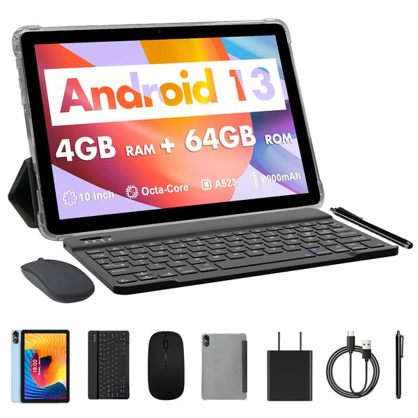 10-Inch Android Tablet, (4+4GB Expand) RAM 64GB Storage 2 in 1 Tablets with 2.4/5G WiFi, BT 5.0, Leather Case, Keyboard,Mouse, Stylus PC