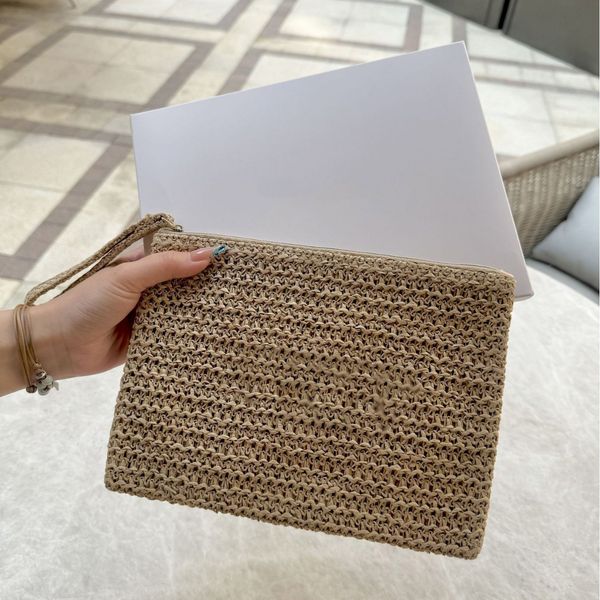 

Designer Women Lady Straw with Handle Knitted Giveaway Bag Classic Cosmetic Beauty Pouch Makeup Organizer Storage Case whit VIP Gift Box, As picture