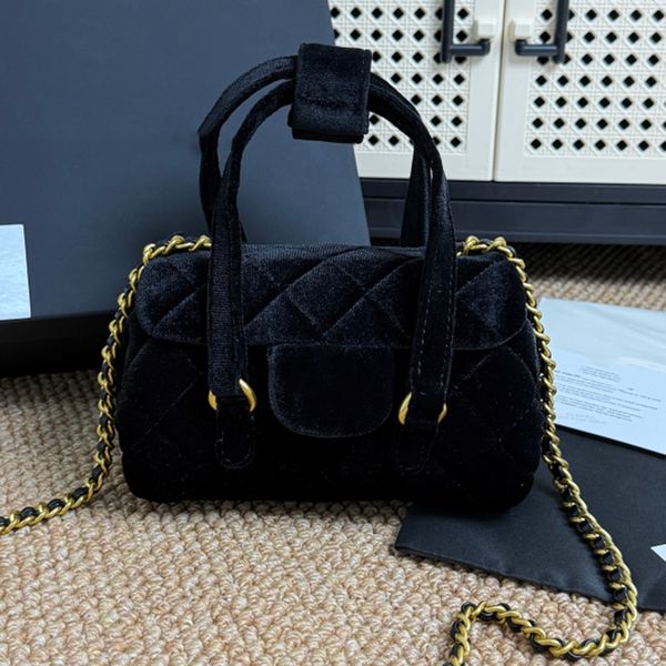 

Designer Black Velvet Bowling Women Shoulder Bag Retro Cosmetic Brush Bucket Beauty Lipstick Organizer Box Phone Storage Case