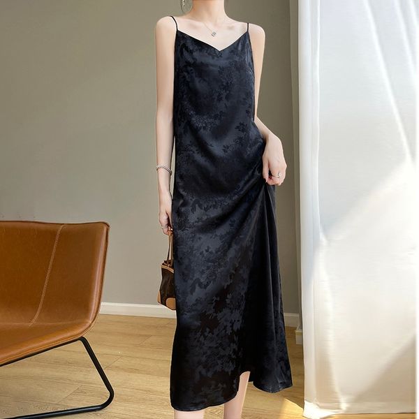 

359 Ice Silk Summer New Women's Fashion V-neck Jacquard Slim Sexy Sleeveless Suspender Long Dress, Color2