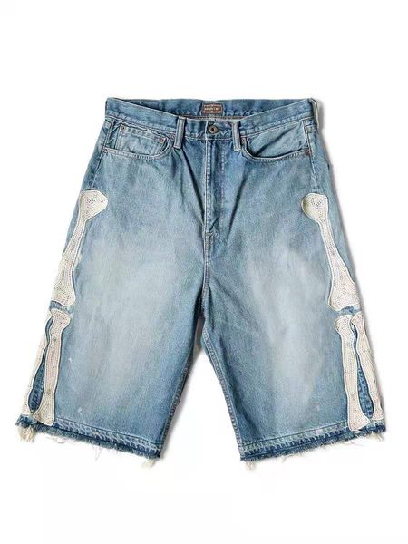 

Loose Easy Shorts Men's and Women's Loose Casual Embroidered Bones Old Damage Washed Denim Shorts, Blue