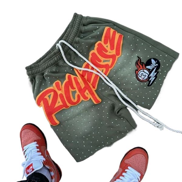

Y2K Harajuku Men' Shorts Rhinestone Letter-printed Sweatpants Fashion Quick-drying and Downhill Casual Motorcycle Shorts moto, Brown