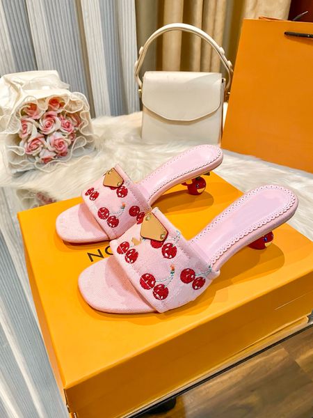 

SS233 AAAA L* Designer Shoes 2025 early spring and summer new cherry embroidered denim mules high heeled sandals for women, Brown