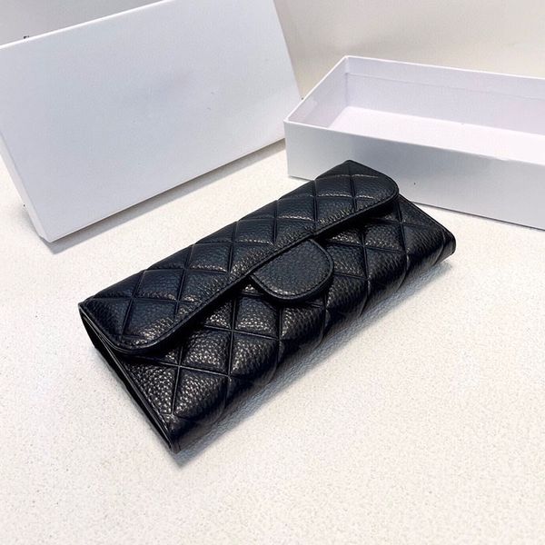 

Designer Women Quilted Calfskin Leather Folding Bag Long Wallets 19x10cm Gold Hardware Buckle Multi Pochettes Classic Luxury Card Holder Purse Coin Pouch Handbag, Black