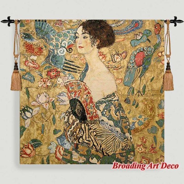 Gustav Klimt Lady With Fan Tapestry Wall Hanging Jacquard Weave Gobe Home Art Decoration Aubusson Cotton 100% 138*138Cm