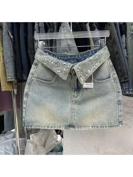 

muily Cool collar designer women's short denim skirt 2025 summer new spicy girl high waist light blue denim skirt2