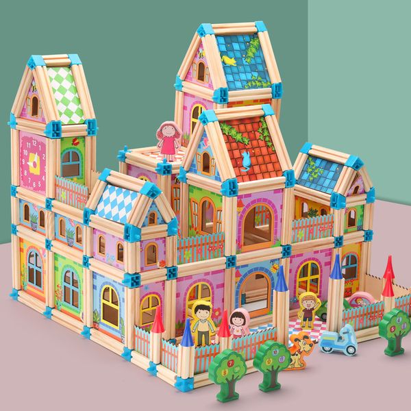 

Childrens Hands-on Colorful Building Blocks 3D Puzzles Wooden Models DIY House Assembly