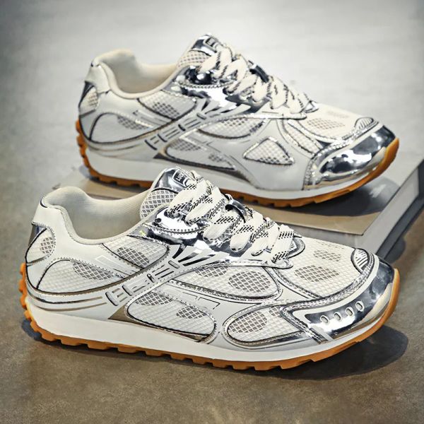 

Retro Style Men's Thick Soled Sports Sneakers Men Breathable Casual Silver Lace Up Shoes